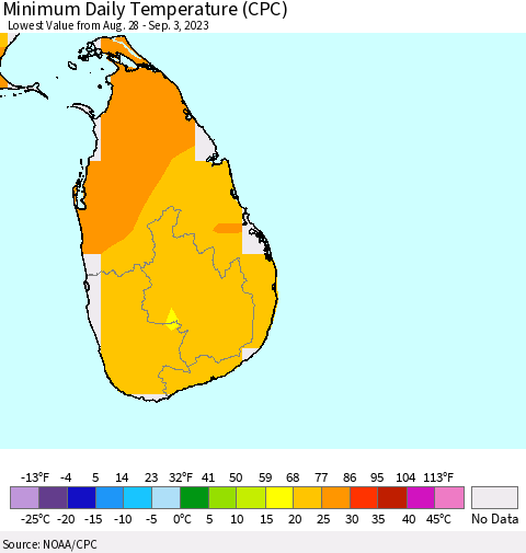 Sri Lanka Minimum Daily Temperature (CPC) Thematic Map For 8/28/2023 - 9/3/2023