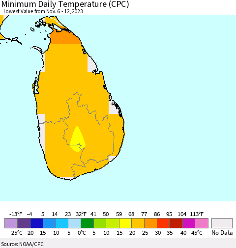 Sri Lanka Minimum Daily Temperature (CPC) Thematic Map For 11/6/2023 - 11/12/2023