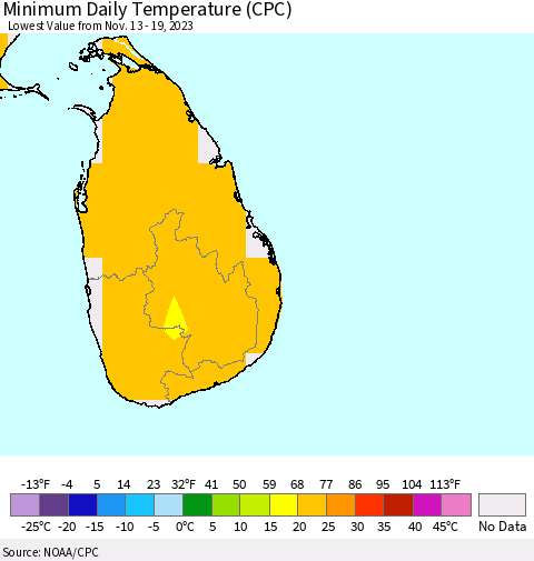 Sri Lanka Minimum Daily Temperature (CPC) Thematic Map For 11/13/2023 - 11/19/2023