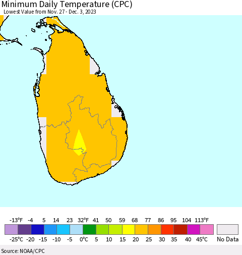 Sri Lanka Minimum Daily Temperature (CPC) Thematic Map For 11/27/2023 - 12/3/2023