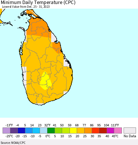 Sri Lanka Minimum Daily Temperature (CPC) Thematic Map For 12/25/2023 - 12/31/2023