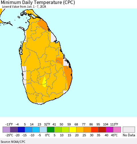 Sri Lanka Minimum Daily Temperature (CPC) Thematic Map For 1/1/2024 - 1/7/2024
