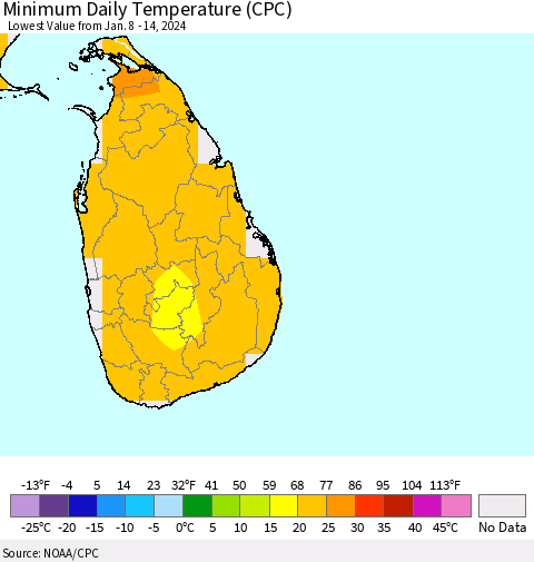 Sri Lanka Minimum Daily Temperature (CPC) Thematic Map For 1/8/2024 - 1/14/2024