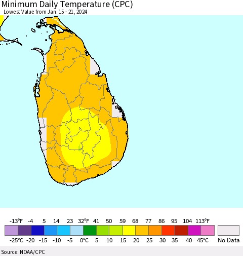 Sri Lanka Minimum Daily Temperature (CPC) Thematic Map For 1/15/2024 - 1/21/2024