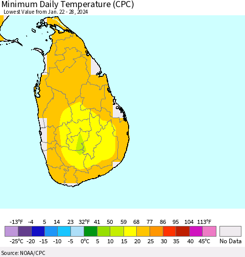 Sri Lanka Minimum Daily Temperature (CPC) Thematic Map For 1/22/2024 - 1/28/2024