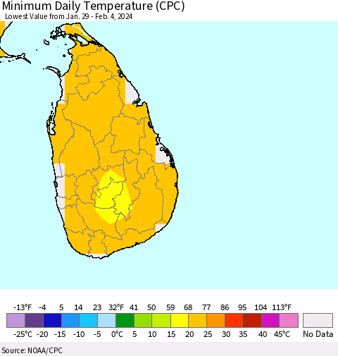 Sri Lanka Minimum Daily Temperature (CPC) Thematic Map For 1/29/2024 - 2/4/2024