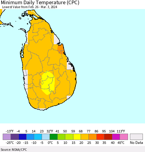 Sri Lanka Minimum Daily Temperature (CPC) Thematic Map For 2/26/2024 - 3/3/2024