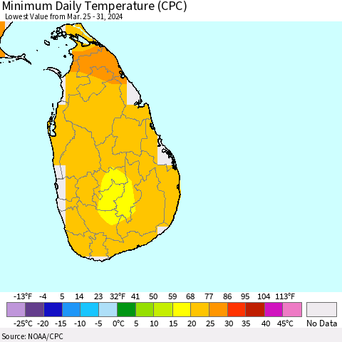Sri Lanka Minimum Daily Temperature (CPC) Thematic Map For 3/25/2024 - 3/31/2024