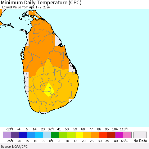 Sri Lanka Minimum Daily Temperature (CPC) Thematic Map For 4/1/2024 - 4/7/2024