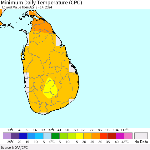 Sri Lanka Minimum Daily Temperature (CPC) Thematic Map For 4/8/2024 - 4/14/2024