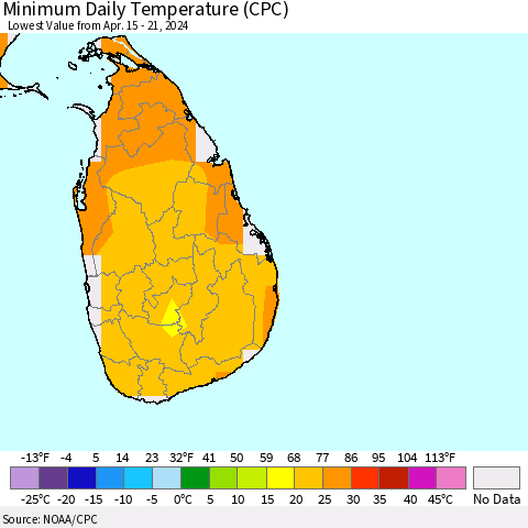 Sri Lanka Minimum Daily Temperature (CPC) Thematic Map For 4/15/2024 - 4/21/2024