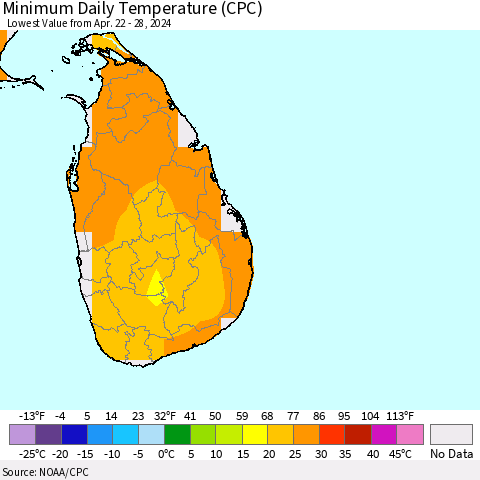 Sri Lanka Minimum Daily Temperature (CPC) Thematic Map For 4/22/2024 - 4/28/2024