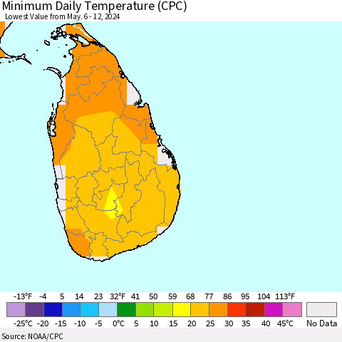 Sri Lanka Minimum Daily Temperature (CPC) Thematic Map For 5/6/2024 - 5/12/2024
