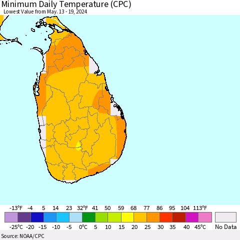 Sri Lanka Minimum Daily Temperature (CPC) Thematic Map For 5/13/2024 - 5/19/2024
