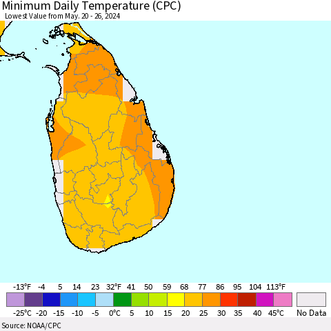 Sri Lanka Minimum Daily Temperature (CPC) Thematic Map For 5/20/2024 - 5/26/2024