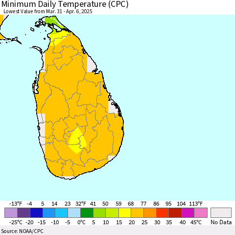 Sri Lanka Minimum Daily Temperature (CPC) Thematic Map For 3/31/2025 - 4/6/2025