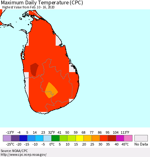 Sri Lanka Maximum Daily Temperature (CPC) Thematic Map For 2/10/2020 - 2/16/2020