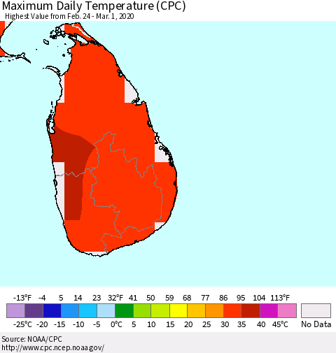Sri Lanka Extreme Maximum Temperature (CPC) Thematic Map For 2/24/2020 - 3/1/2020