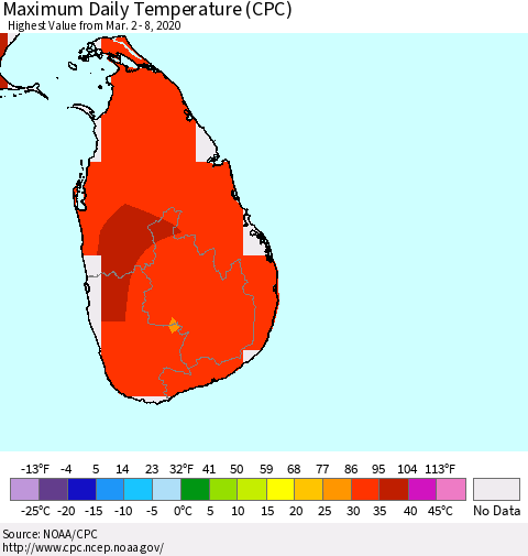 Sri Lanka Maximum Daily Temperature (CPC) Thematic Map For 3/2/2020 - 3/8/2020