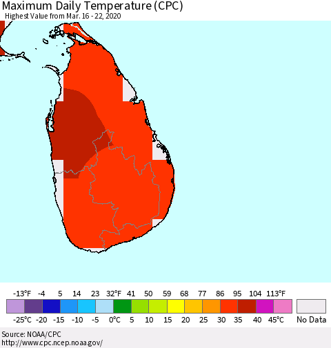 Sri Lanka Extreme Maximum Temperature (CPC) Thematic Map For 3/16/2020 - 3/22/2020