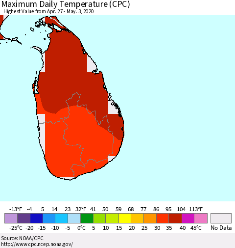 Sri Lanka Maximum Daily Temperature (CPC) Thematic Map For 4/27/2020 - 5/3/2020