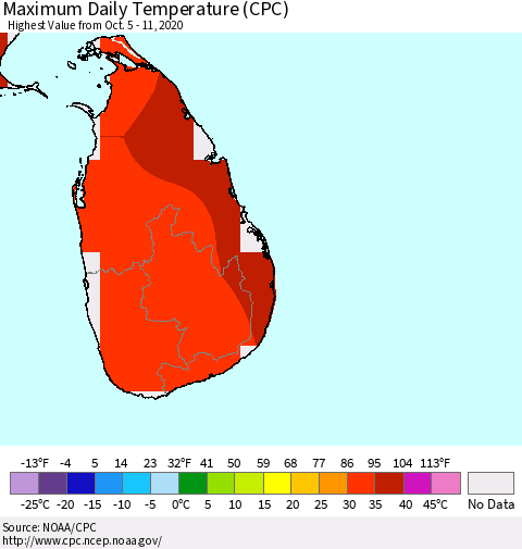 Sri Lanka Maximum Daily Temperature (CPC) Thematic Map For 10/5/2020 - 10/11/2020