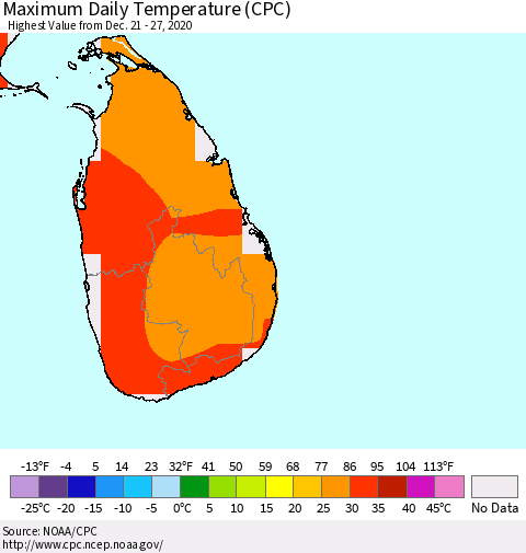 Sri Lanka Maximum Daily Temperature (CPC) Thematic Map For 12/21/2020 - 12/27/2020