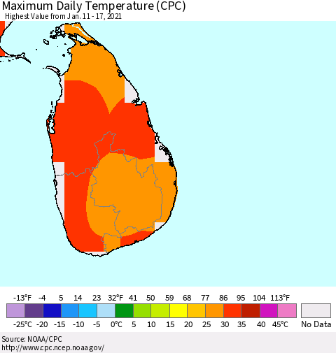 Sri Lanka Extreme Maximum Temperature (CPC) Thematic Map For 1/11/2021 - 1/17/2021