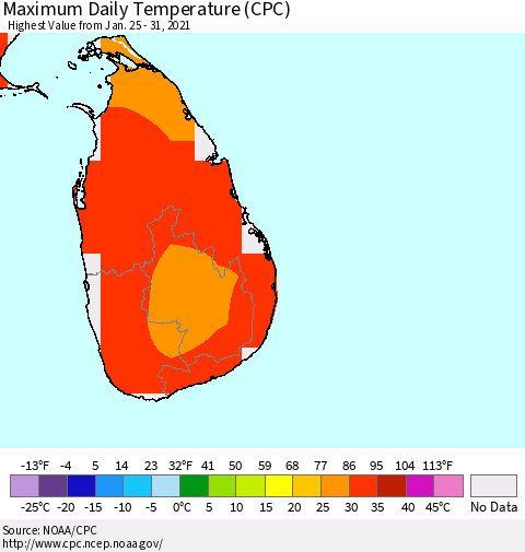 Sri Lanka Maximum Daily Temperature (CPC) Thematic Map For 1/25/2021 - 1/31/2021