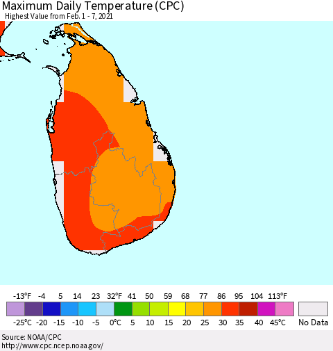 Sri Lanka Maximum Daily Temperature (CPC) Thematic Map For 2/1/2021 - 2/7/2021