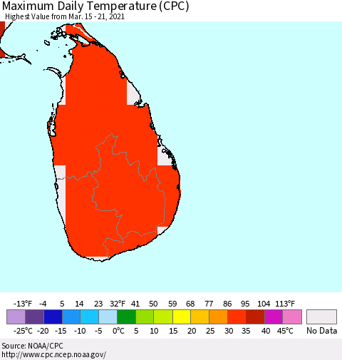 Sri Lanka Maximum Daily Temperature (CPC) Thematic Map For 3/15/2021 - 3/21/2021
