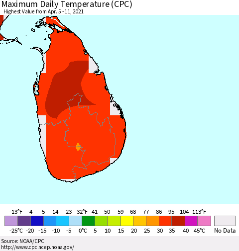 Sri Lanka Maximum Daily Temperature (CPC) Thematic Map For 4/5/2021 - 4/11/2021