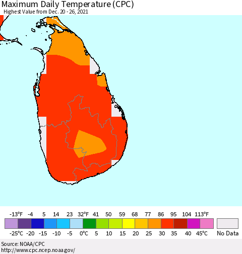 Sri Lanka Extreme Maximum Temperature (CPC) Thematic Map For 12/20/2021 - 12/26/2021