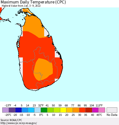 Sri Lanka Extreme Maximum Temperature (CPC) Thematic Map For 1/3/2022 - 1/9/2022