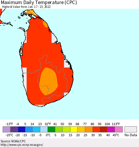 Sri Lanka Maximum Daily Temperature (CPC) Thematic Map For 1/17/2022 - 1/23/2022