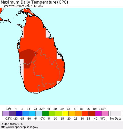 Sri Lanka Maximum Daily Temperature (CPC) Thematic Map For 3/7/2022 - 3/13/2022