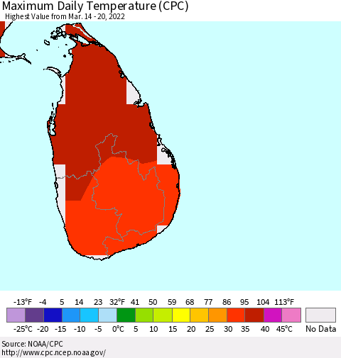 Sri Lanka Maximum Daily Temperature (CPC) Thematic Map For 3/14/2022 - 3/20/2022