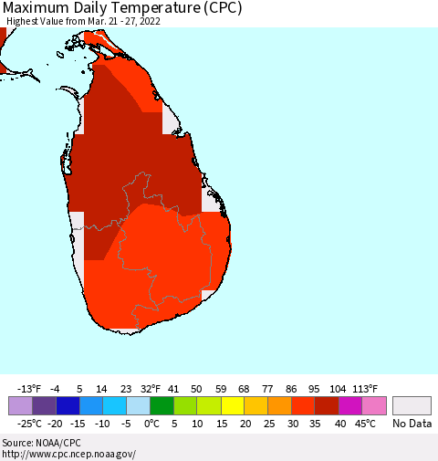 Sri Lanka Maximum Daily Temperature (CPC) Thematic Map For 3/21/2022 - 3/27/2022