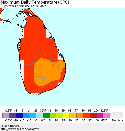 Sri Lanka Maximum Daily Temperature (CPC) Thematic Map For 12/12/2022 - 12/18/2022