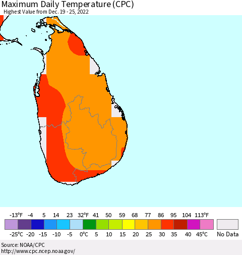 Sri Lanka Maximum Daily Temperature (CPC) Thematic Map For 12/19/2022 - 12/25/2022