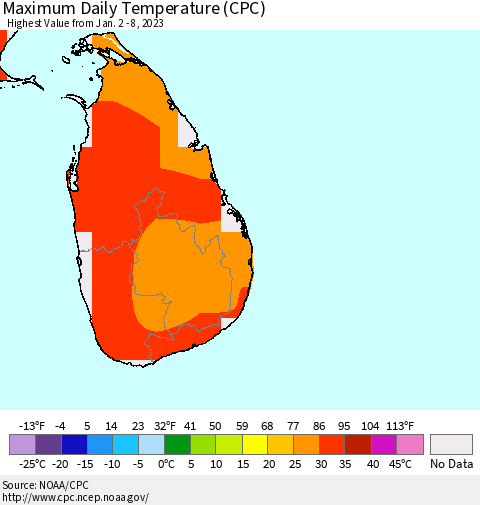 Sri Lanka Maximum Daily Temperature (CPC) Thematic Map For 1/2/2023 - 1/8/2023