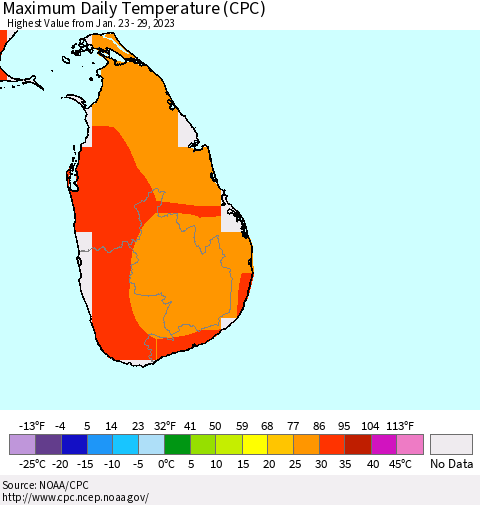 Sri Lanka Maximum Daily Temperature (CPC) Thematic Map For 1/23/2023 - 1/29/2023