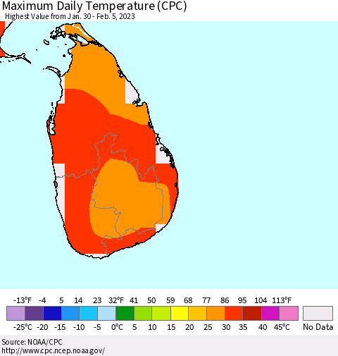 Sri Lanka Maximum Daily Temperature (CPC) Thematic Map For 1/30/2023 - 2/5/2023