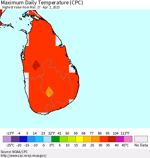 Sri Lanka Maximum Daily Temperature (CPC) Thematic Map For 3/27/2023 - 4/2/2023