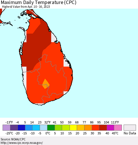 Sri Lanka Maximum Daily Temperature (CPC) Thematic Map For 4/10/2023 - 4/16/2023