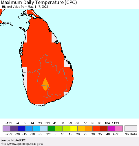 Sri Lanka Maximum Daily Temperature (CPC) Thematic Map For 5/1/2023 - 5/7/2023