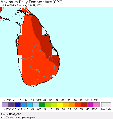 Sri Lanka Maximum Daily Temperature (CPC) Thematic Map For 5/15/2023 - 5/21/2023