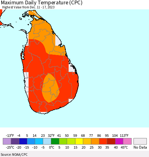 Sri Lanka Maximum Daily Temperature (CPC) Thematic Map For 12/11/2023 - 12/17/2023