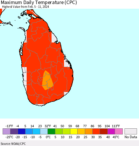 Sri Lanka Maximum Daily Temperature (CPC) Thematic Map For 2/5/2024 - 2/11/2024