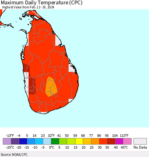 Sri Lanka Maximum Daily Temperature (CPC) Thematic Map For 2/12/2024 - 2/18/2024